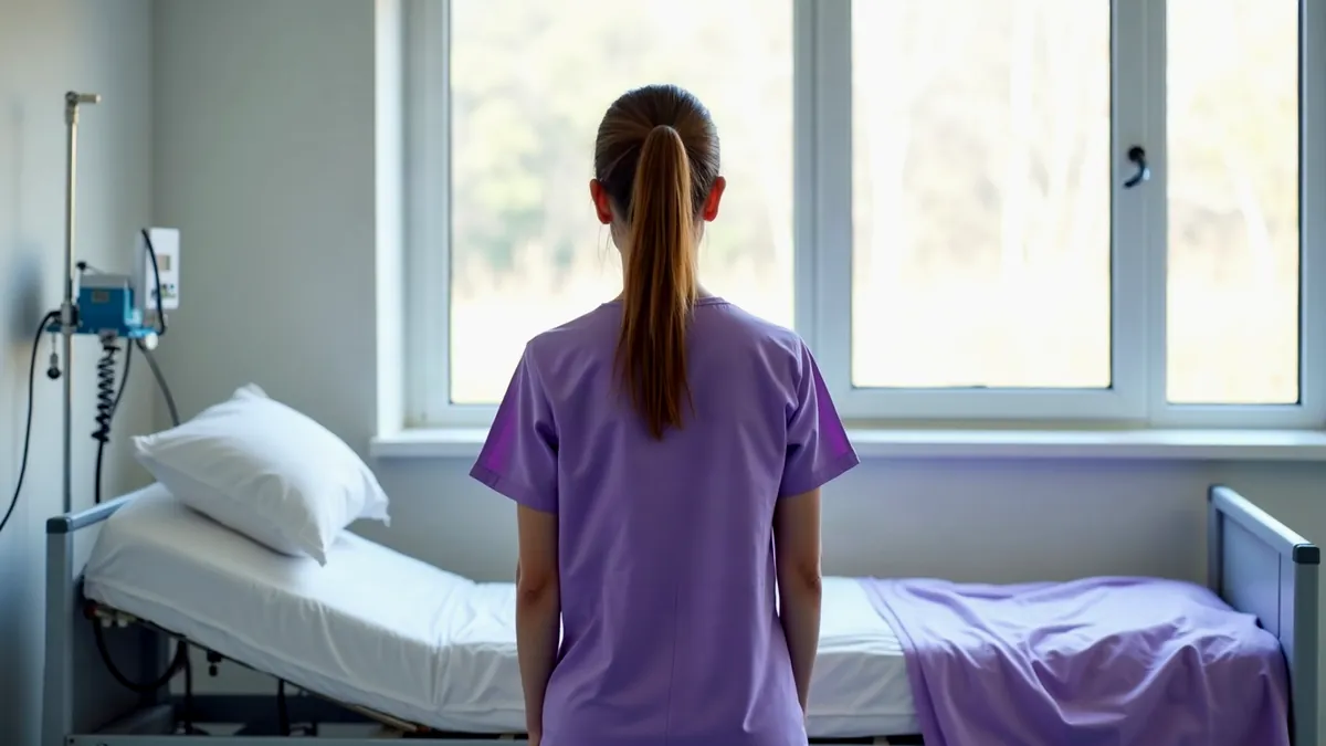 Pflegeauszubildende in violetter Kleidung von hinten im Übungsraum einer Pflegeschule