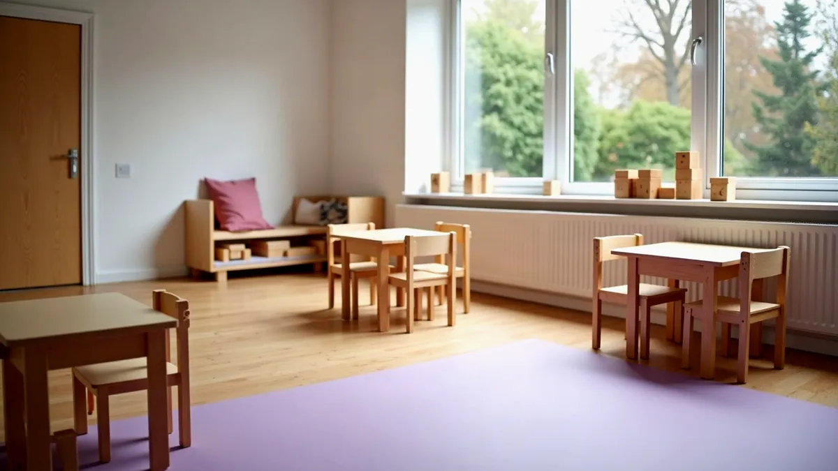 Heller Gruppenraum einer Kita mit kleinen Holztischen, Stühlen und Bauklötzen