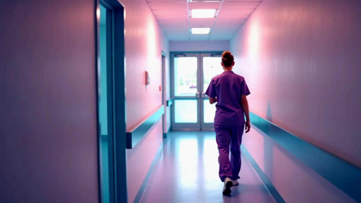 Pflegekraft von hinten auf einem hellen Klinikflur