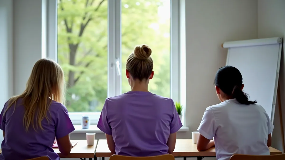Drei Pflegekräfte von hinten in einem hellen Seminarraum bei einer Weiterbildung