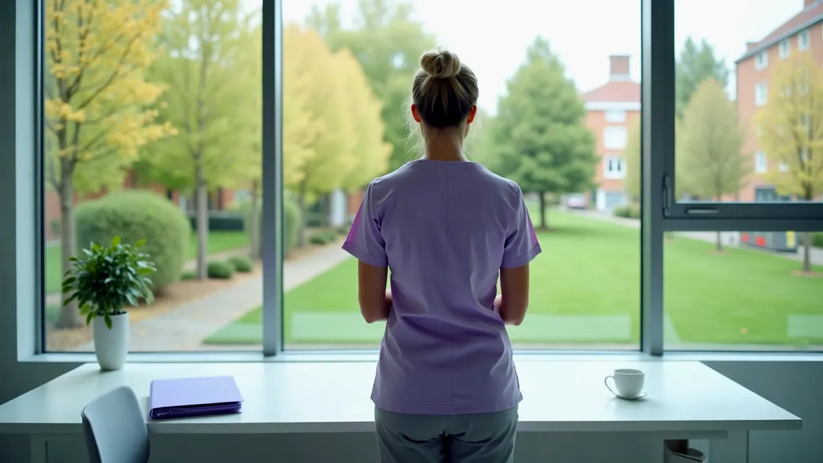 Pflegedienstleiterin von hinten am Bürofenster mit Blick auf den Innenhof einer Klinik